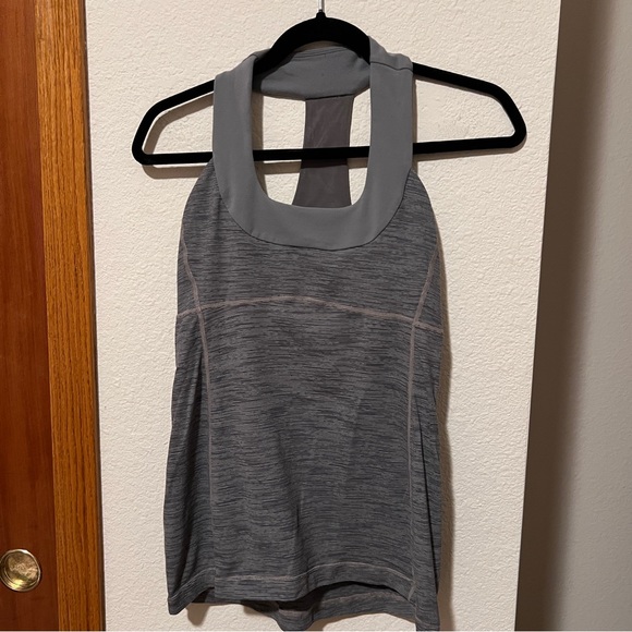Lululemon No Limit Tank Gray Striped Built In Bra Mesh Racerback Yoga Top 6 - Picture 1 of 5